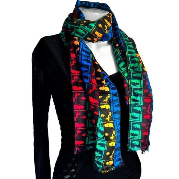 Vintage JEAN PAUL GAULTIER Negative Face Print Multi-Color Silk Scarf Unisex - Picture 5 of 8